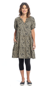 Organic Cotton Dress with Short Raglan Sleeves and Two-Tiered Skirt - Black Petal Print