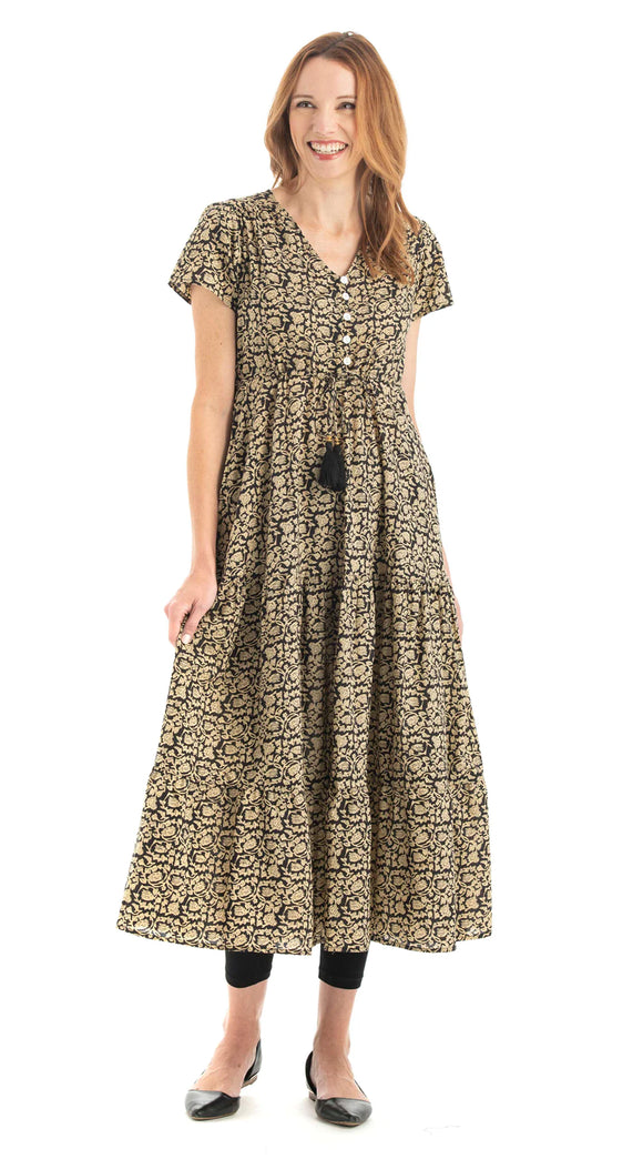 Organic Cotton Boho-Inspired Dress with Short Sleeves - Gold & Black Blockprint