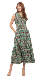 Organic Cotton Sleeveless Long Dress - Teal Floral