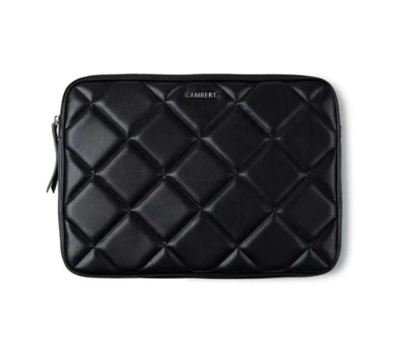 The Jasmyn - Black Quilted computer pouch in black vegan leather (16 inches)