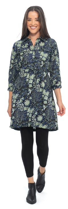 Organic Cotton Long Shirt/Tunic with 3/4 Sleeves - Purple Green Floral