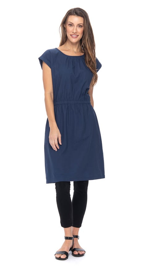 Rolled Short Sleeve Linen Dress - Navy Blue