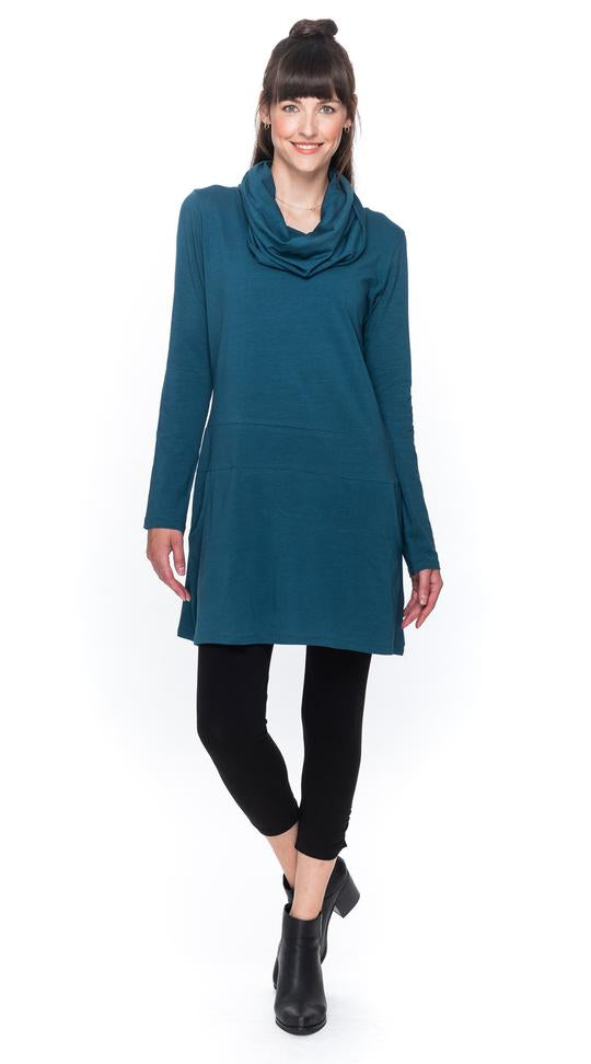 Cowl Neck Tunic with Raw Seams and Kangaroo Pocket - Organic Cotton